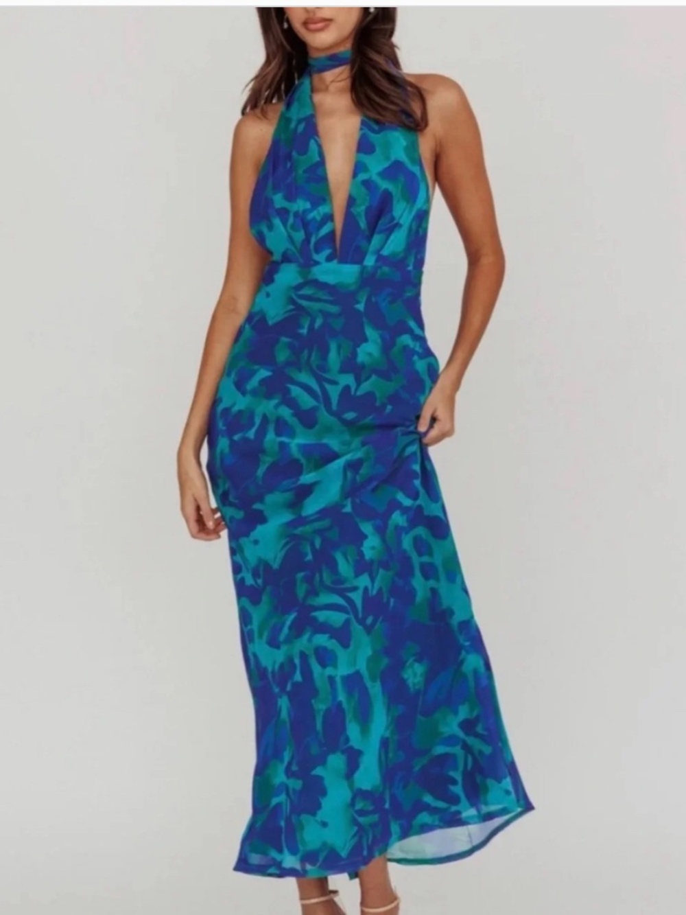 NWT SELFIE LESLIE X SAINT + SECRETS CHIFFON PLUNG NECK HALTER DRESS S AU 8